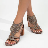 Rhinestone Decor Chunky Heeled Ankle Strap Sandals Oshnow